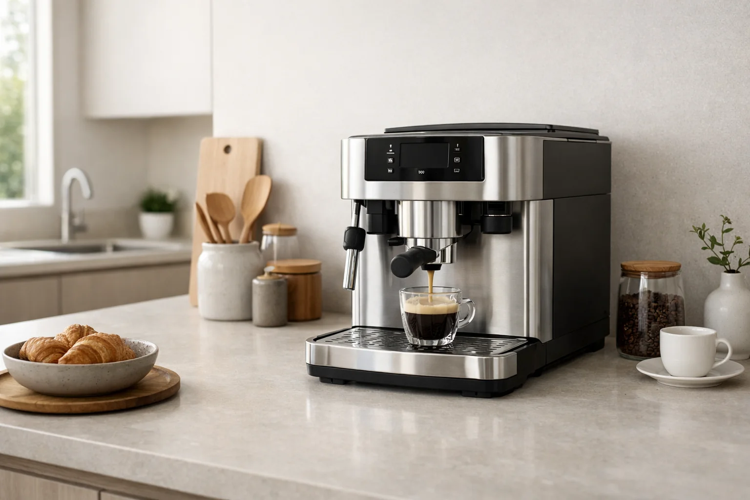 Frisch gebrühter Espresso aus einer sauberen Siebträgermaschine nach der Entkalkung – genießen Sie perfektes Aroma dank regelmäßiger Pflege.